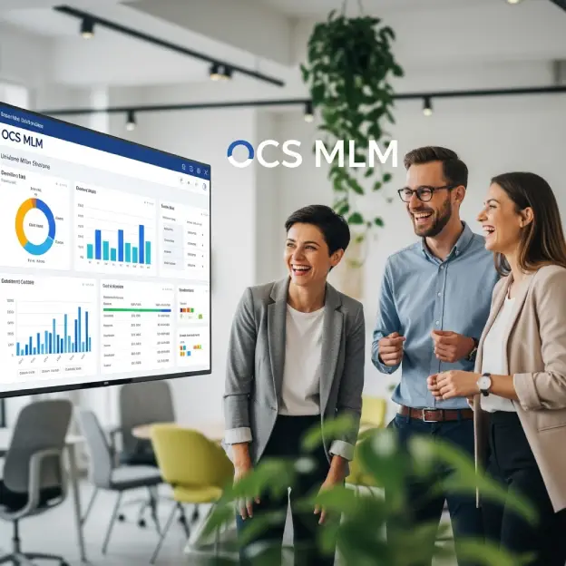 unilevel mlm software plan discussion by a team in an office